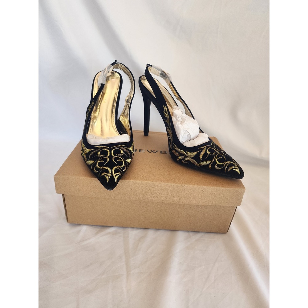 Newbella Black Gold Embroidered Slingback Heels Pointed Toe Stiletto Pumps SZ 6